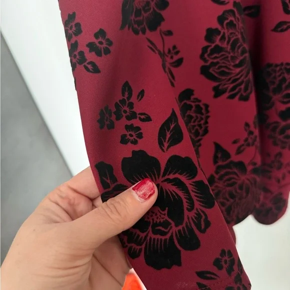 City Studios Women Red and Black Floral Flare Velvet Holiday Dress - Picture 6 of 7